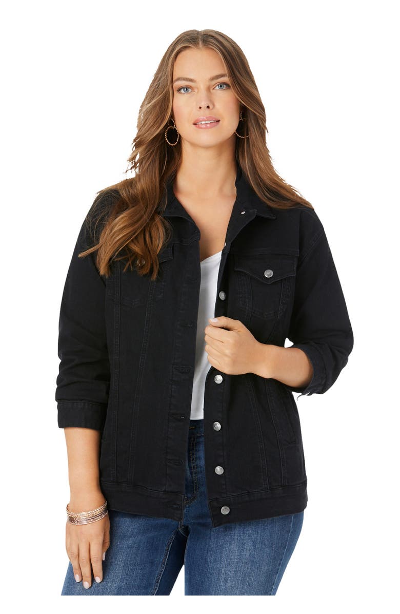 Roaman's Plus Size Boyfriend Stretch Denim Jacket, Main, color, Black