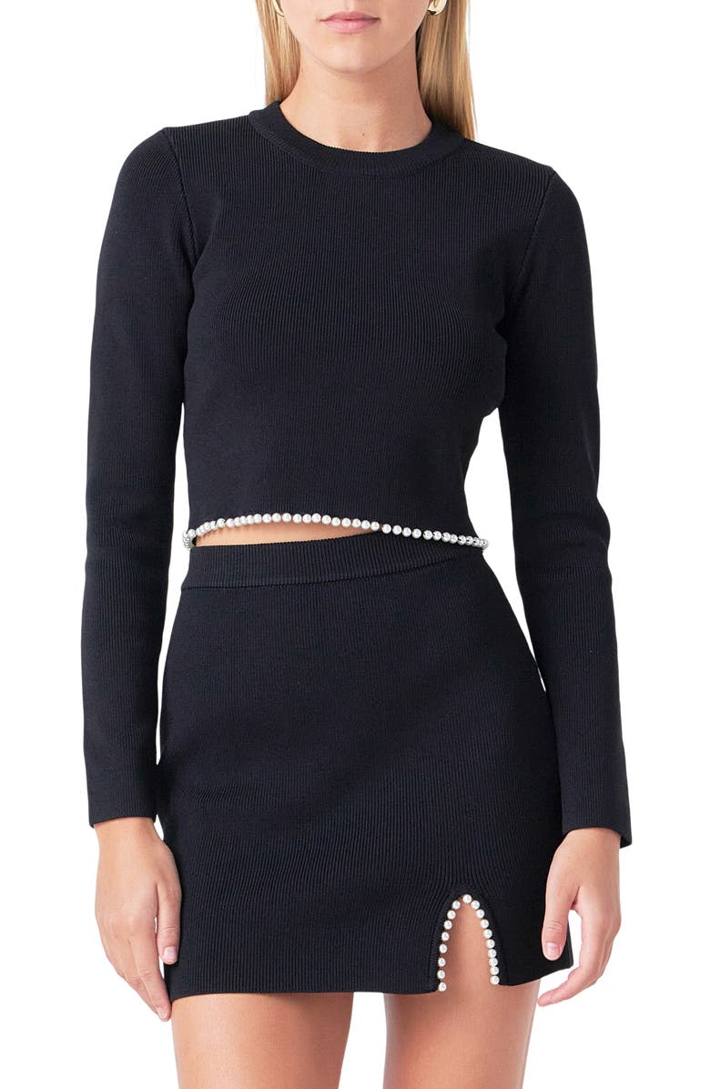 Endless Rose Imitation Pearl Trim Rib Crop Sweater, Main, color, Black