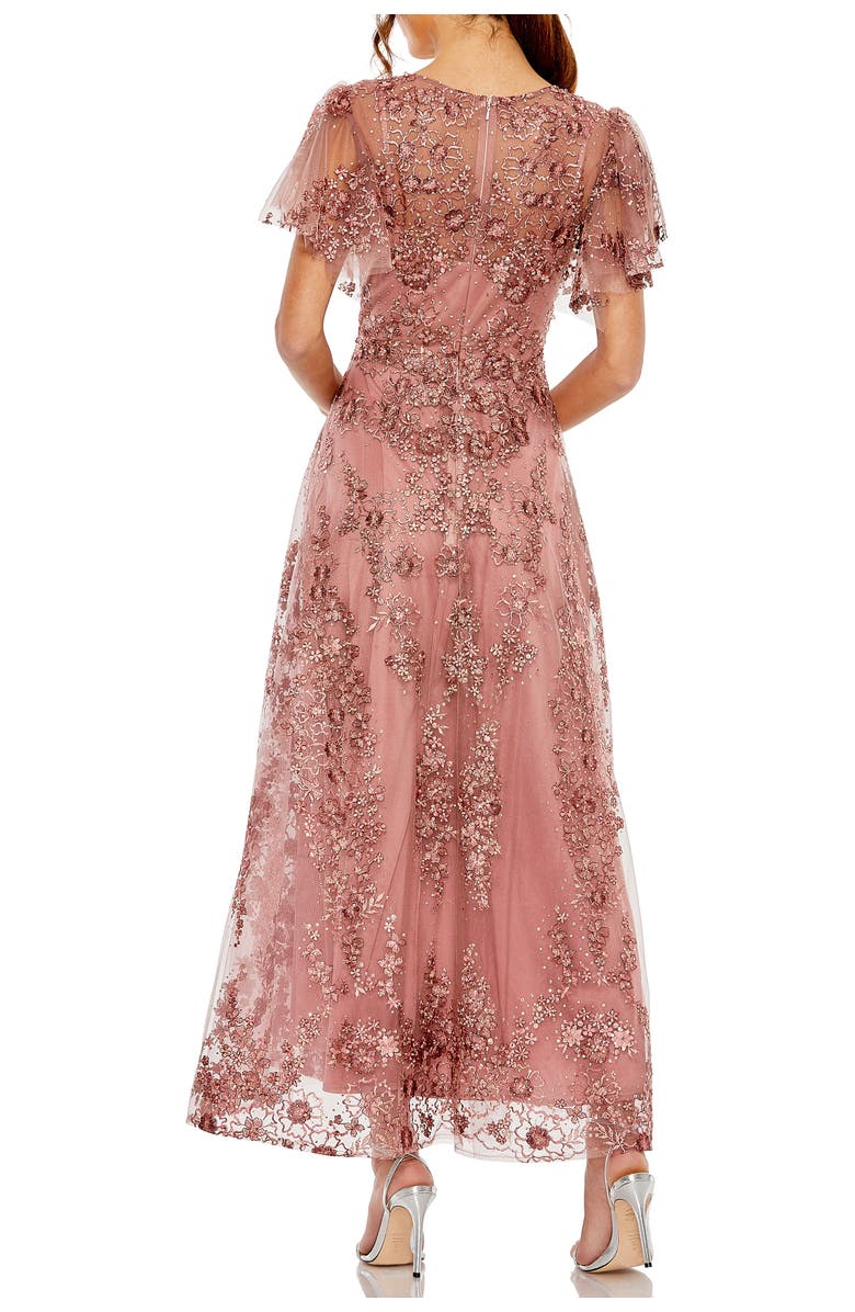Mac Duggal Flutter Sleeve Faux Wrap V Neck Embellished Tea Length Dress, Alternate, color, Mauve