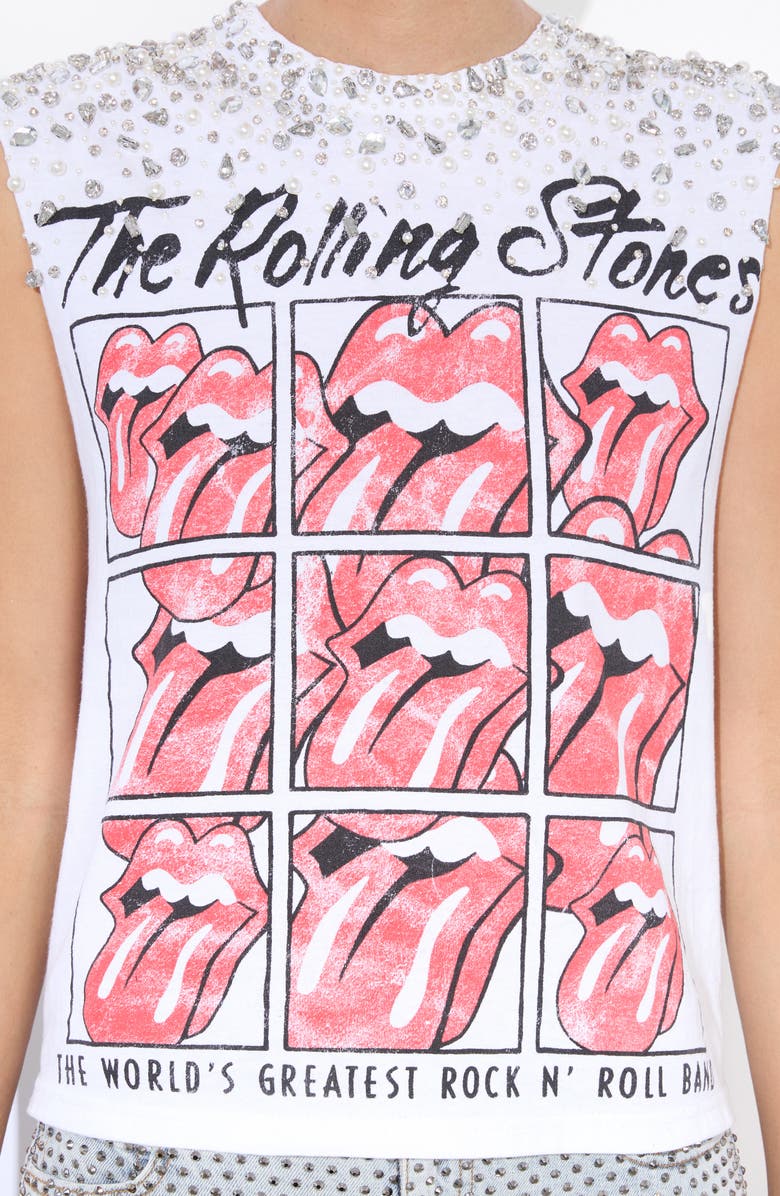 Alice + Olivia Micah Crystal Detail Rolling Stones Graphic Muscle T-Shirt, Alternate, color, Off White Multi