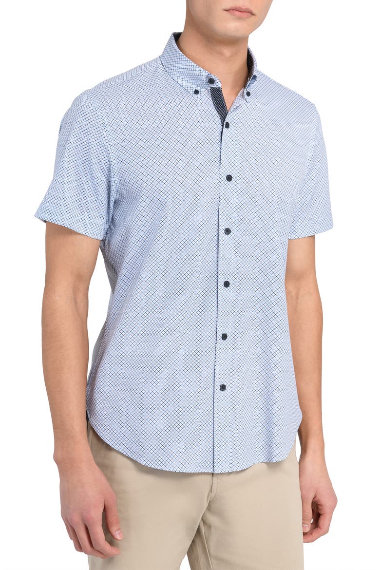 Slim Fit 4-Way Stretch Short Sleeve Button-Up Shirt, Alternate, color, WHITE/ BLUE