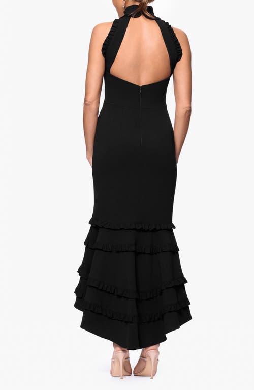 Xscape Evenings Ruffle Detail Open Back High-low Gown In Black