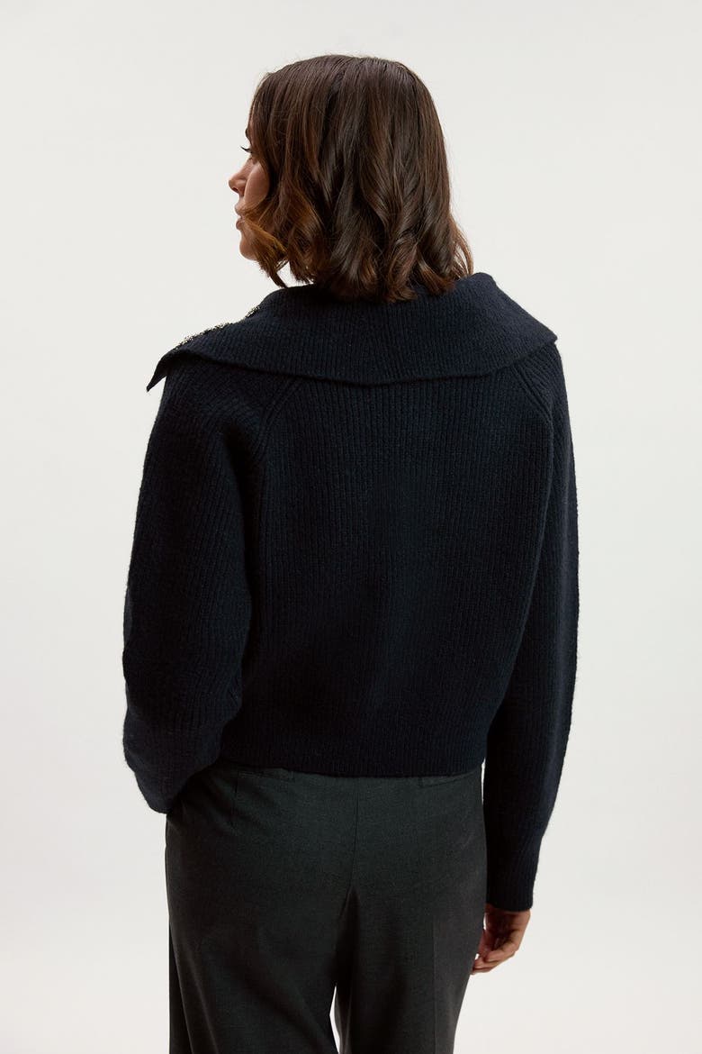 Embellished Collar V Neck Knit Sweater, Alternate, color, Navy