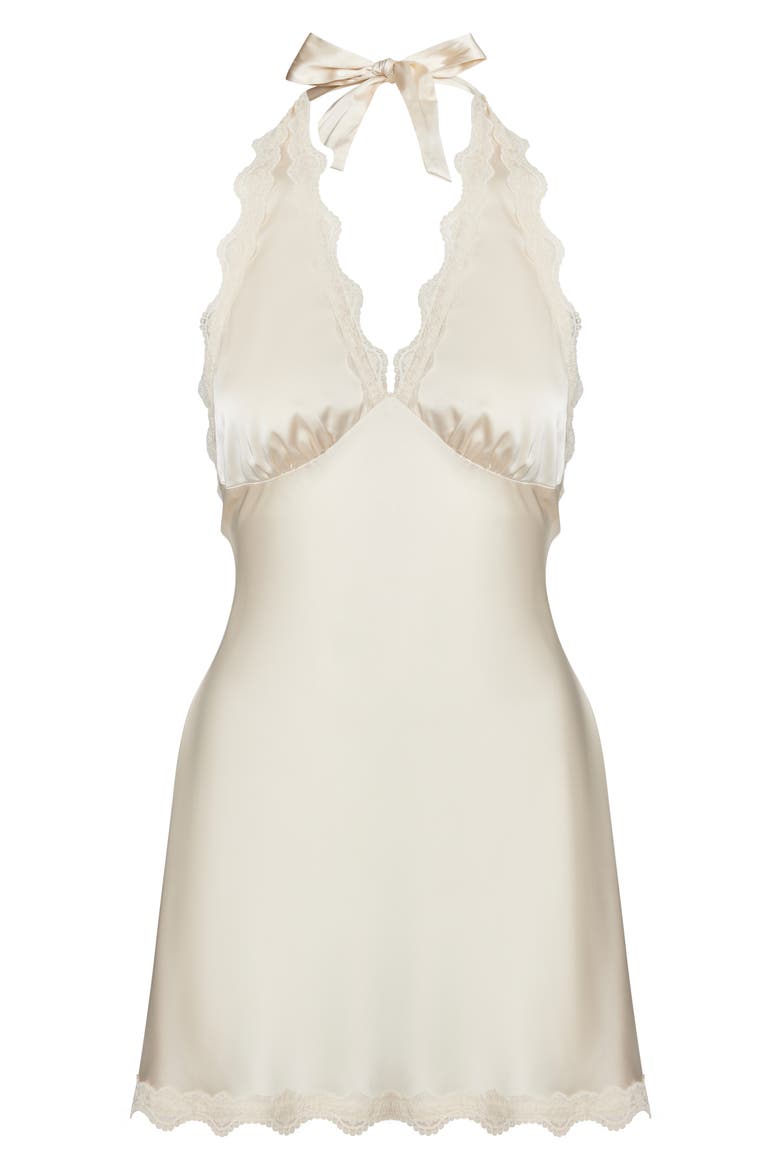 Stars Align Lace Trim Satin Halter Minidress, Alternate, color, CREAM