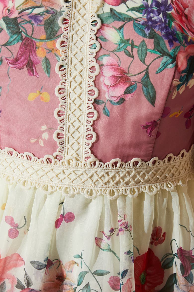 Organza Floral Tiered Lace Trim Dress, Alternate, color, Multi