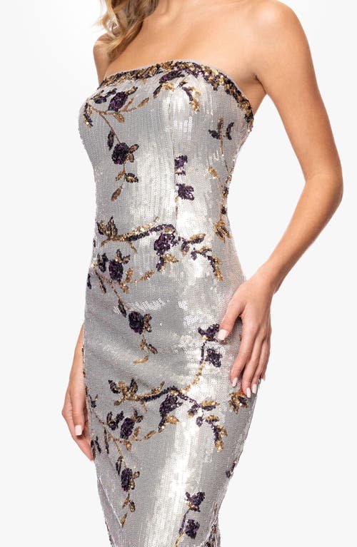 Betsy & Adam Sequin Floral Strapless Sheath Gown In Silver/purple