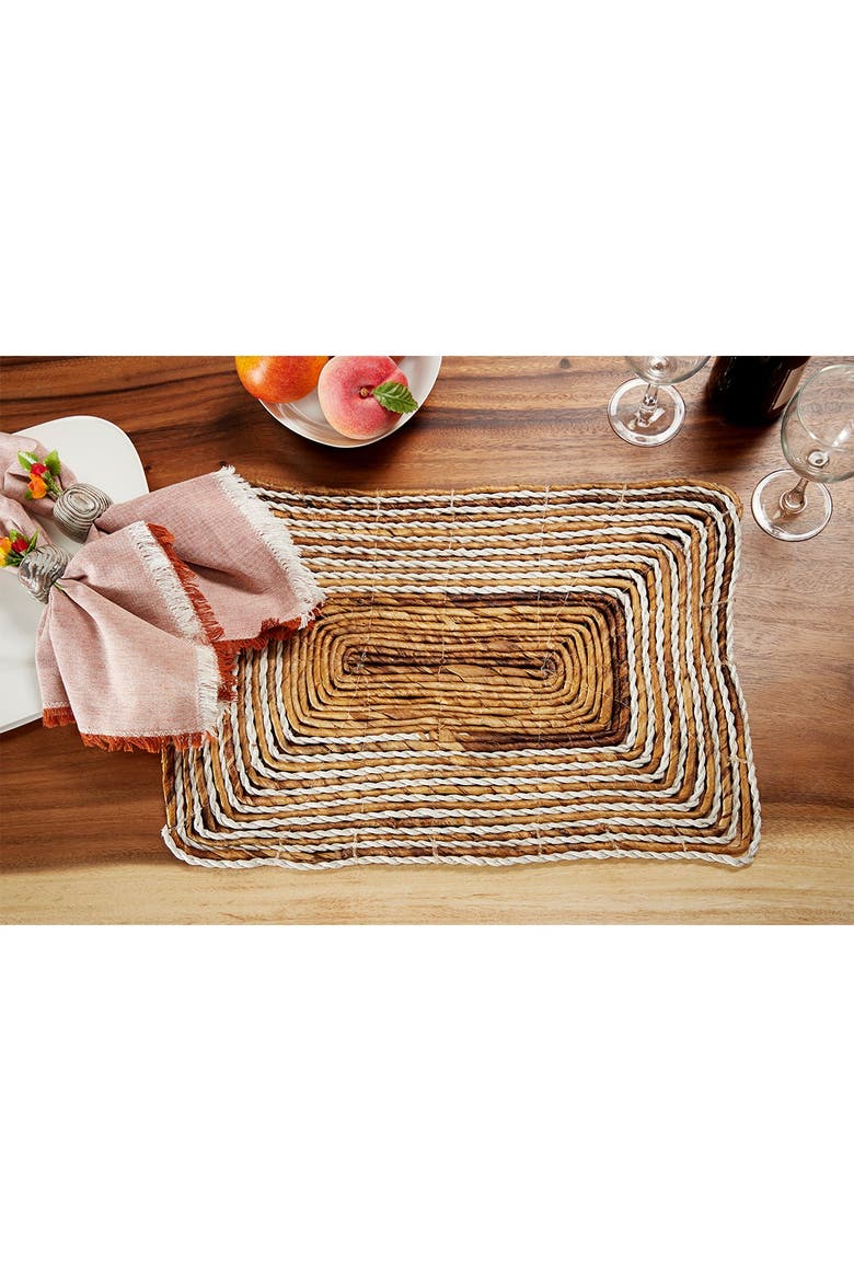 Rectangular Striped Brown Banana Leaf Wicker Placemat - Set of 4, Alternate, color, BROWN