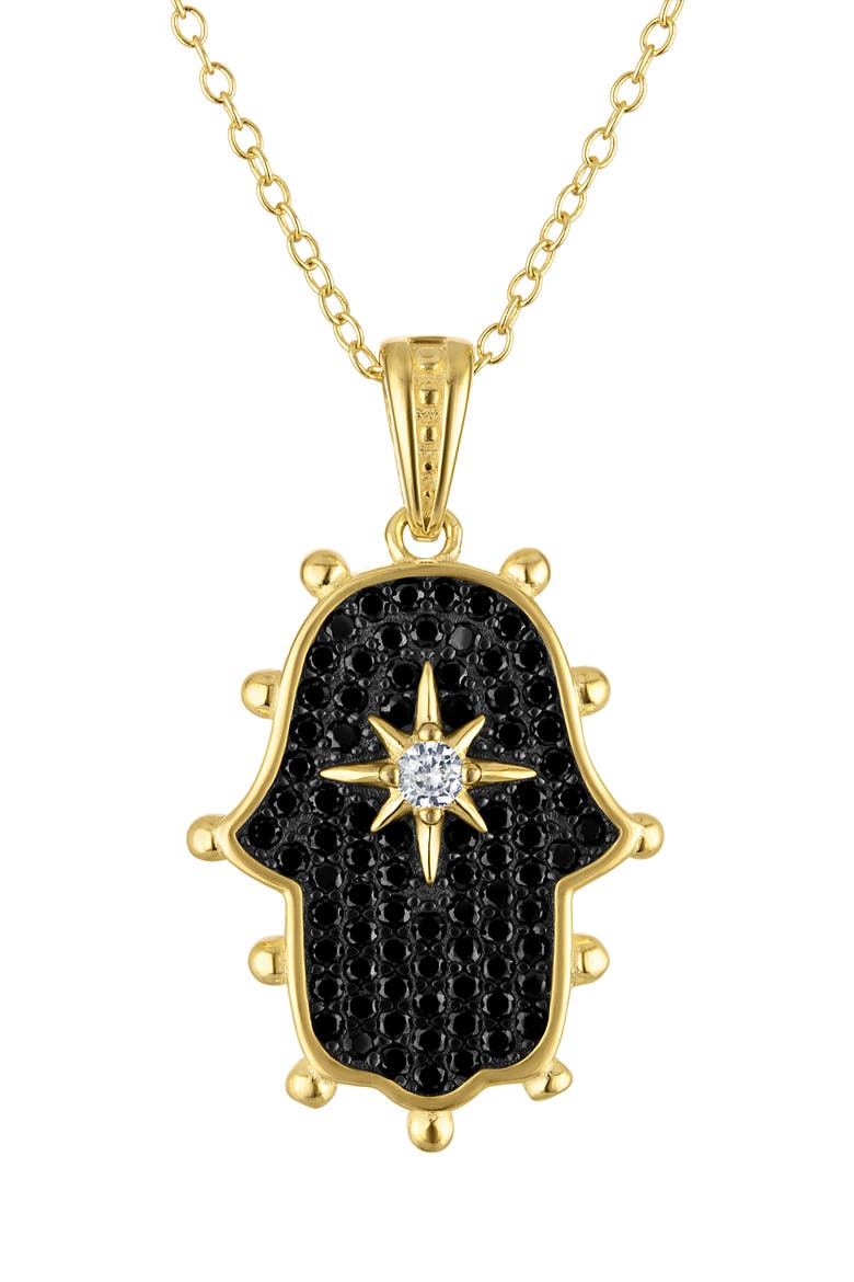 Cubic Zirconia Hamsa Pendant Necklace, Main, color, BLACK/ GOLD