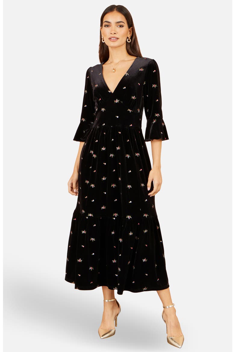 Velvet Embroidered V-Neck Midi Dress, Main, color, Black