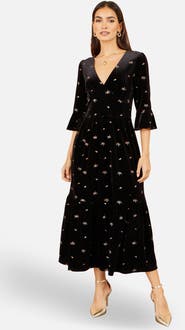 Yumi Velvet Embroidered V-Neck Midi Dress