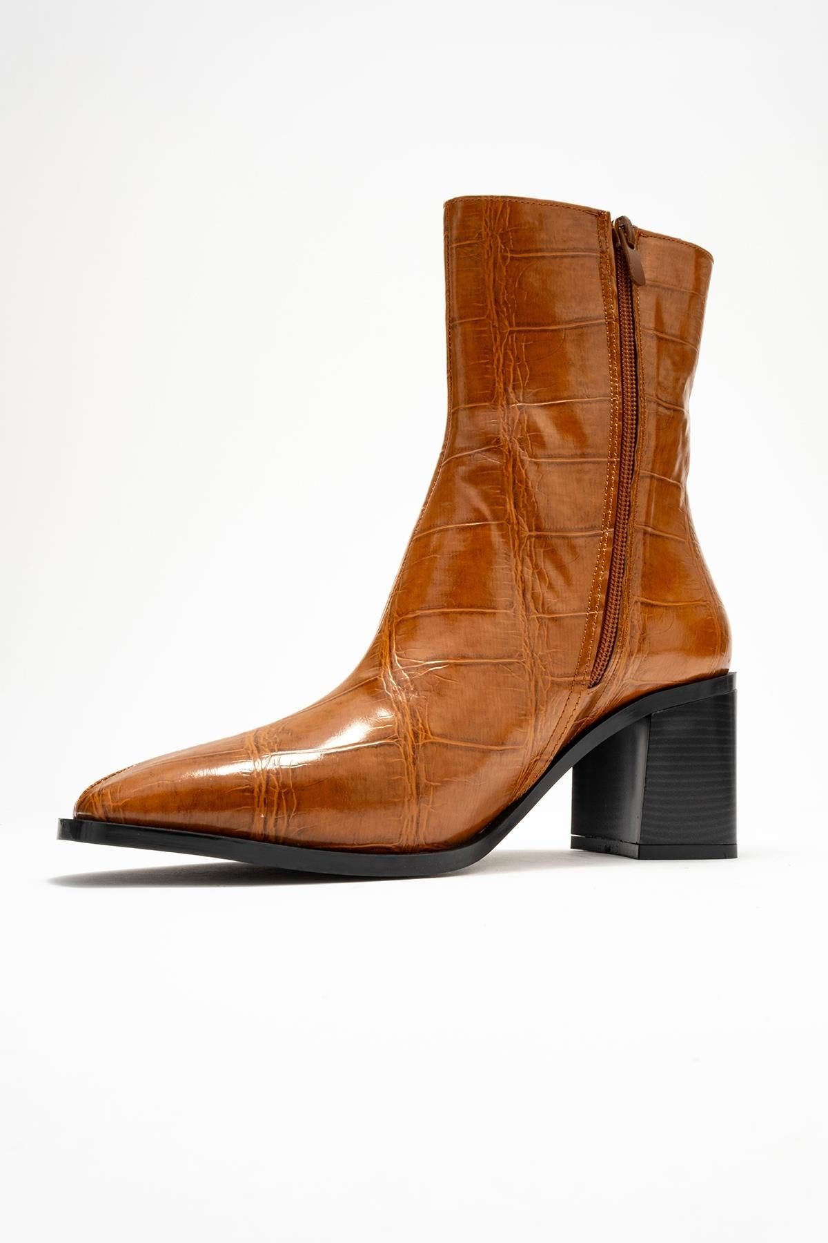 Chara Block Heel Ankle Boot, Alternate, color, Cognac Print Faux Leather