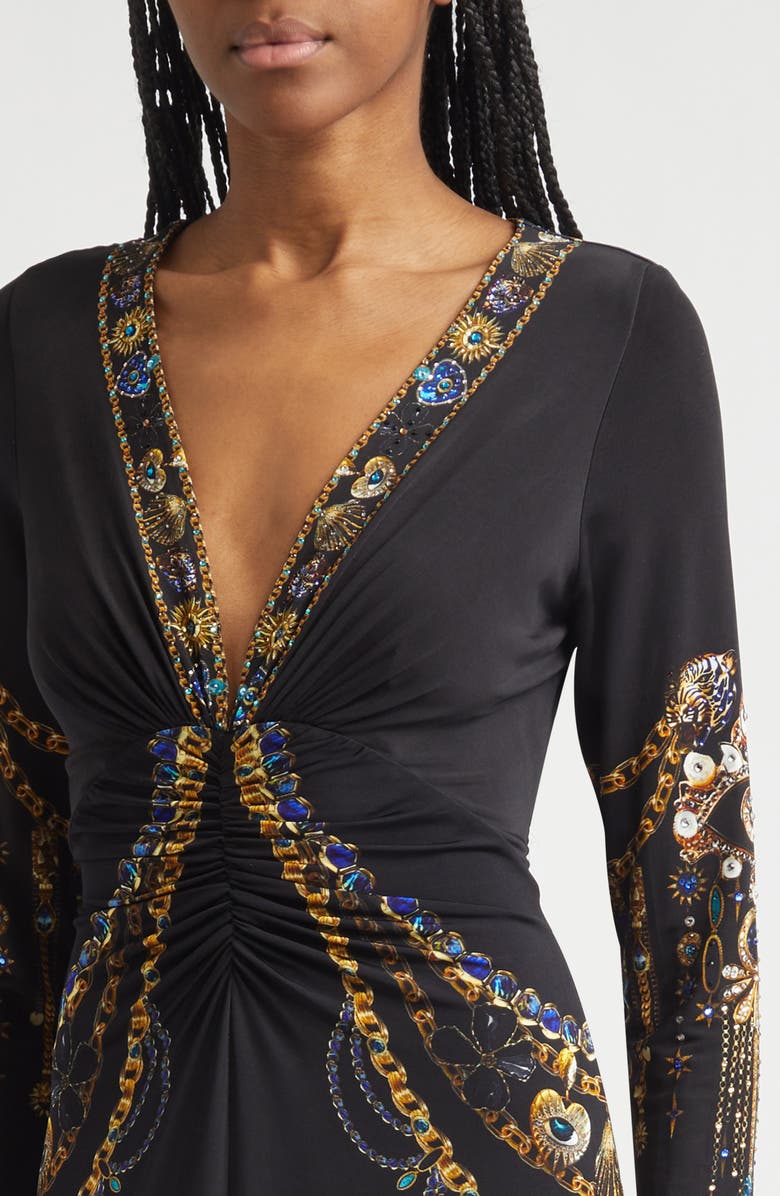 Camilla Amulets & Alchemy Print Gathered Long Sleeve Jersey Dress with Train, Alternate, color, Amulets And Alchemy