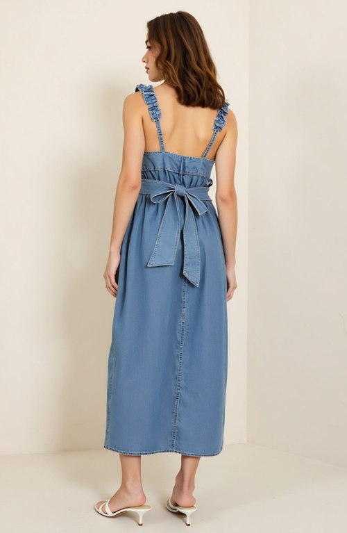 Modenaire Smocked Ruffle Strap Square Neck Flowy Midi Dress In Blue