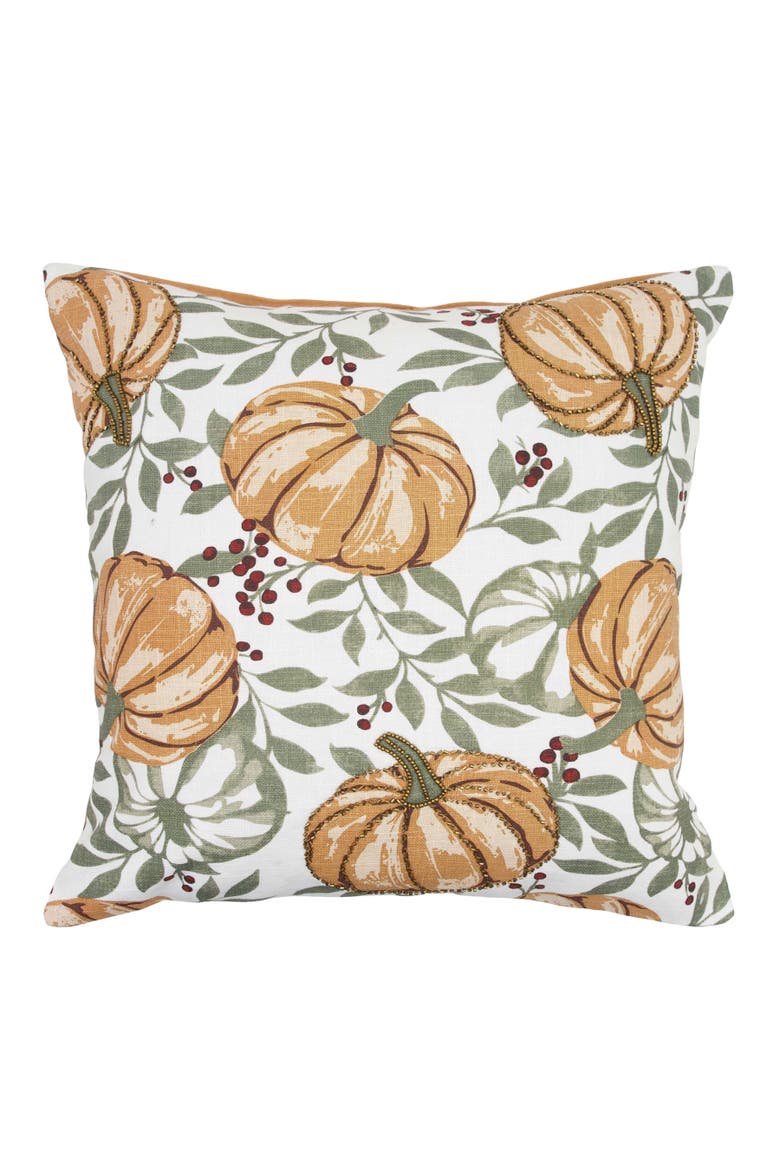 Botanical Berry Pumpkins Beaded Harvest Throw Pillow 18" x 18", Main, color, Green