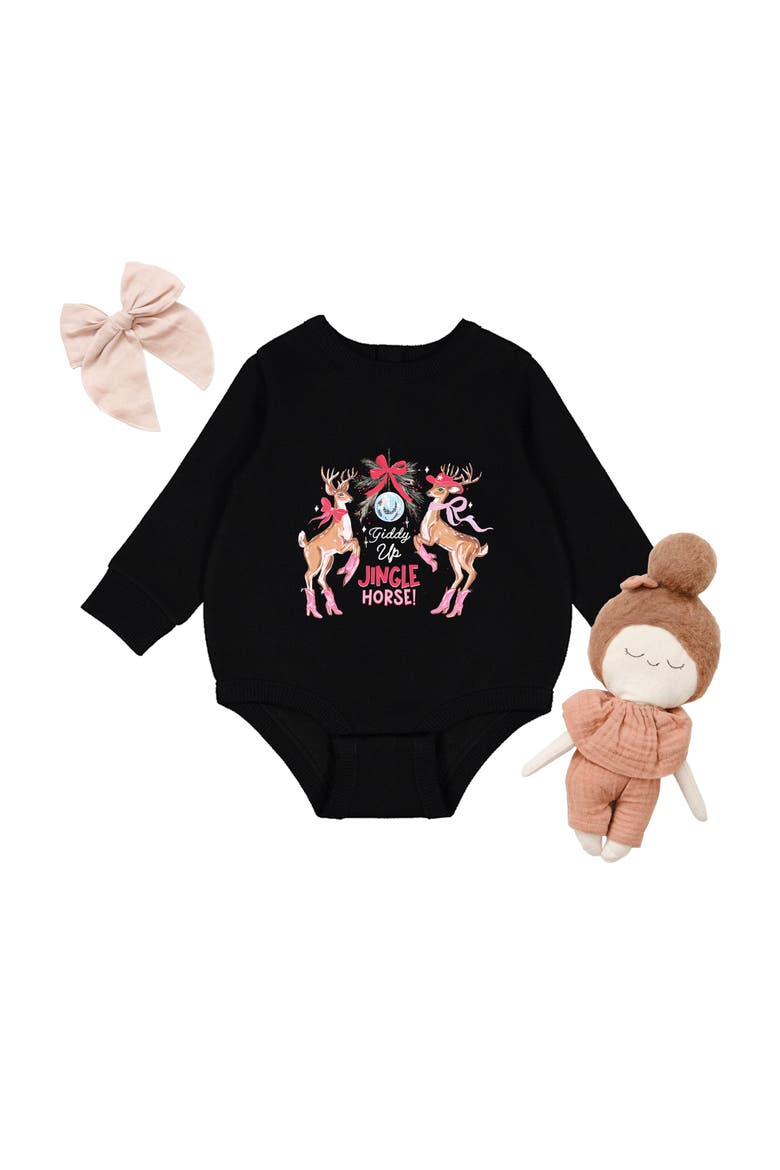 Giddy Up Jingle Horse Reindeer Fleece BodySuit (Baby), Alternate, color, Black
