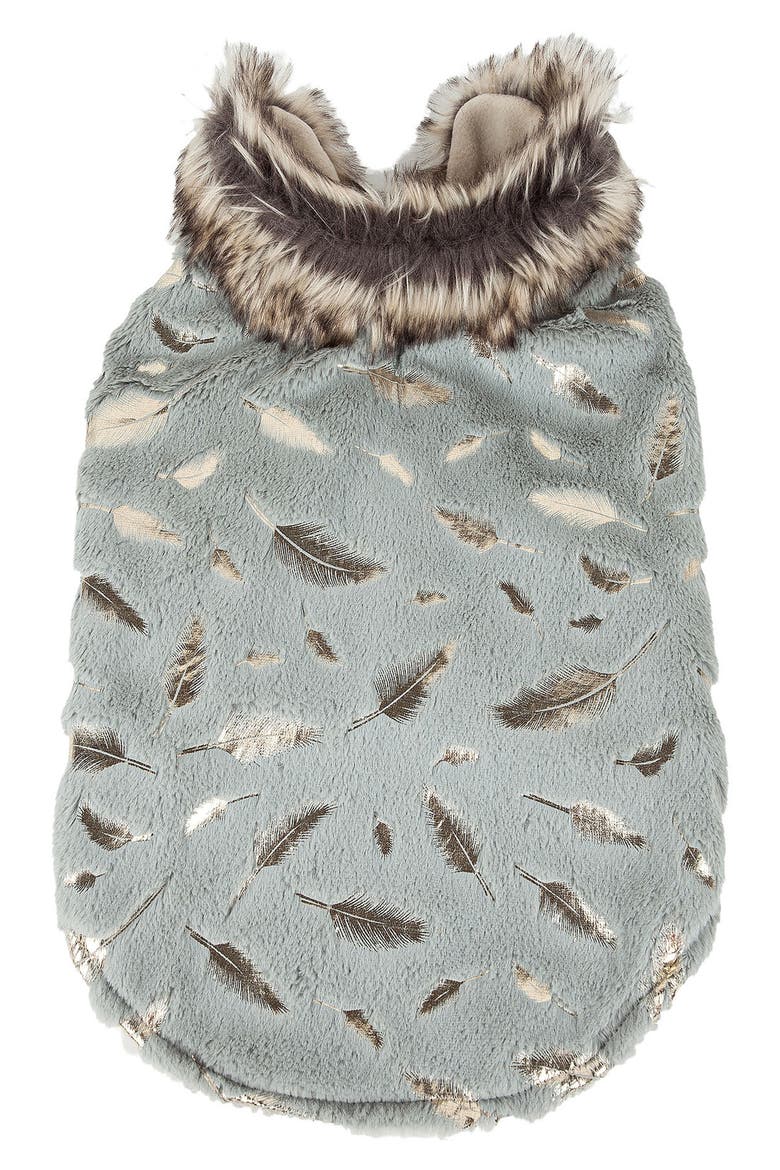 LUXE 'Gold Wagger' Gold-Leaf Designer Faux Fur Dog Coat, Main, color, GREY AND GOLD