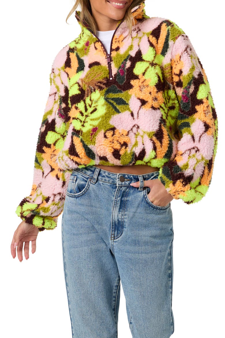 Kacey High Pile Floral Half Zip Jacket, Main, color, CHARTREUSE