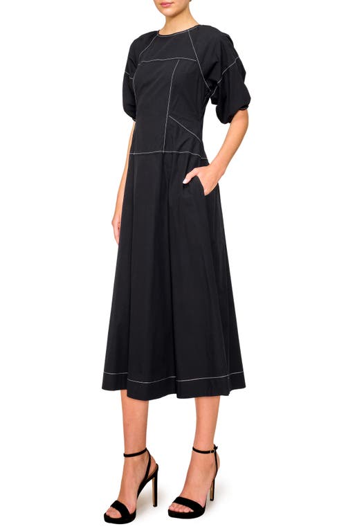 Melloday Stitch Detail Puff Sleeve A-line Midi Dress In Black