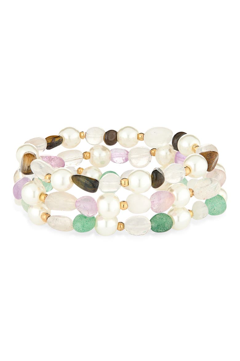 Set of 3 Faux Pearl Beaded Stretch Bracelets, Main, color, WHITE MULTI