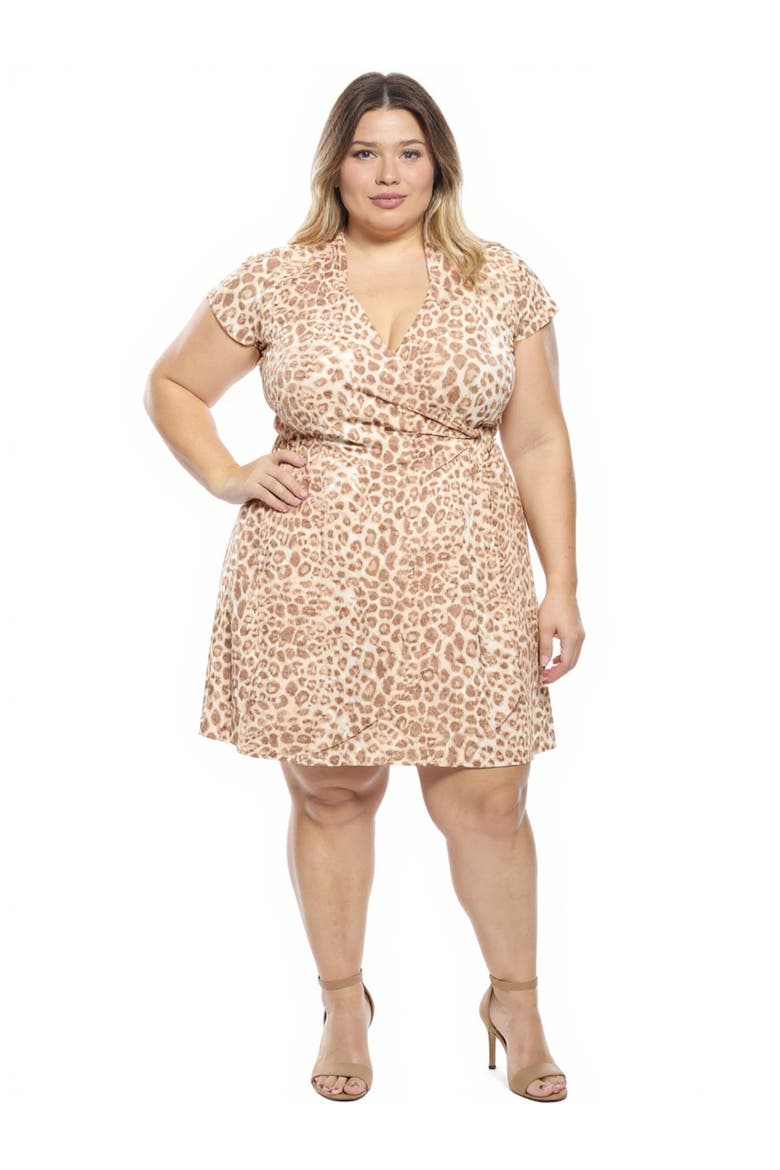 Plus Size Cheetah Collar Knee Length Side Tie Wrap Dress, Main, color, Brown Multi