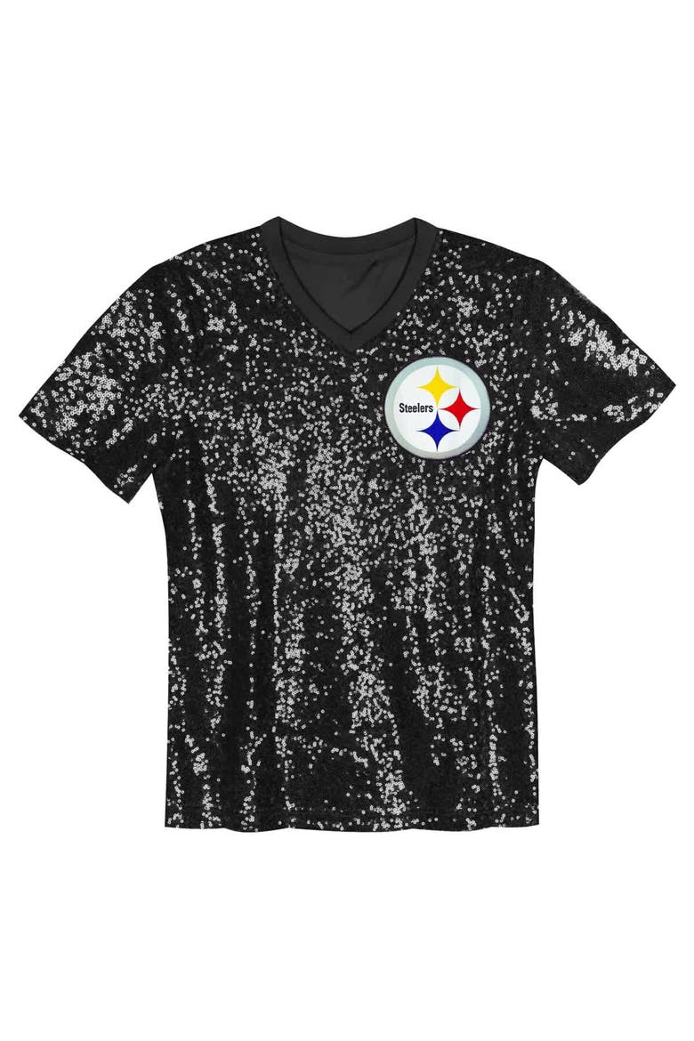 Girls Youth Black Pittsburgh Steelers Wordmark Sequin V-Neck Top, Alternate, color, Black