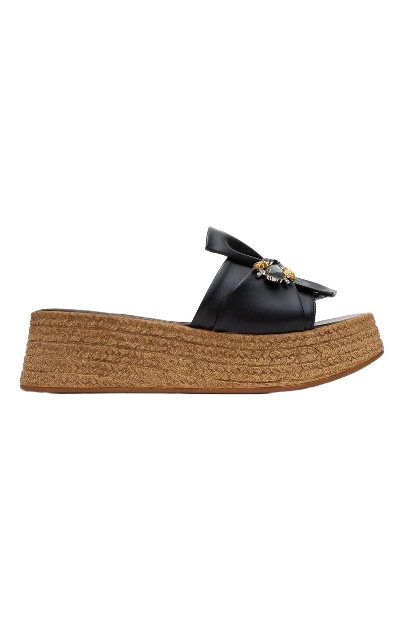 Prologue Shoes Shara Braided Bow & Bee Buckle Platform Sandal, Alternate, color, Black Faux Leather