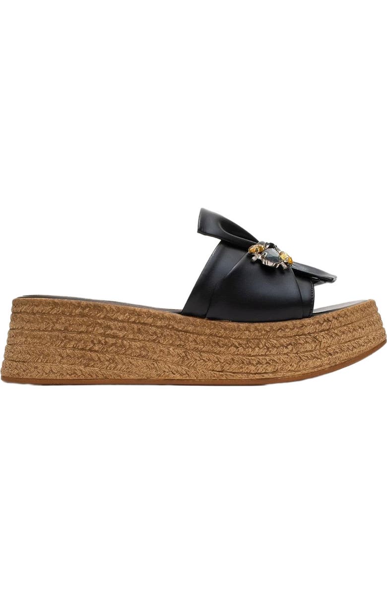 Prologue Shoes Shara Braided Bow & Bee Buckle Platform Sandal, Alternate, color, Black Faux Leather