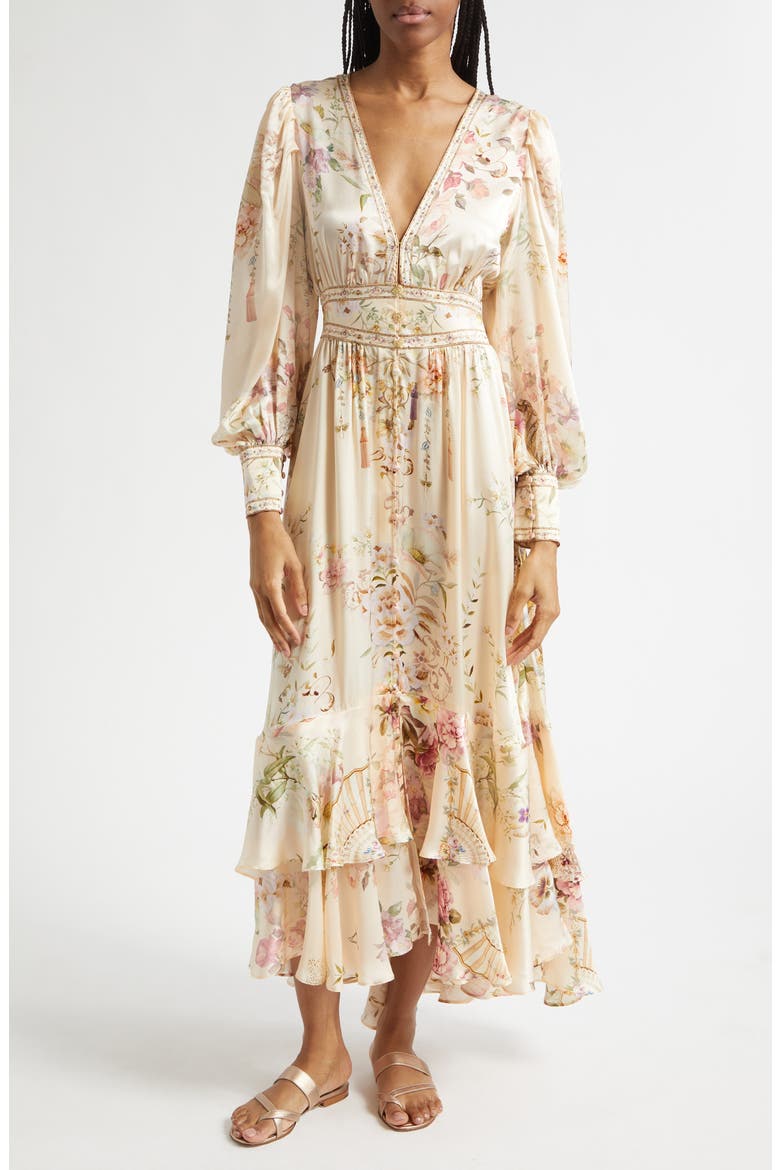 Beaded Print Long Sleeve Silk Dress, Main, color, ADORNED IN ARANJUEZ