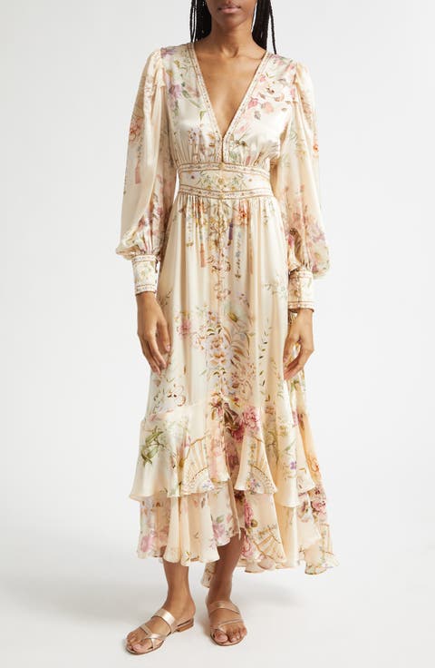 Beaded Print Long Sleeve Silk Dress