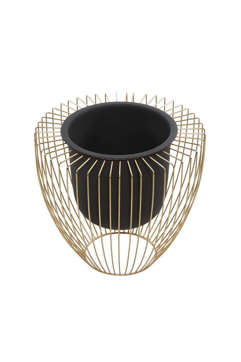 Black Metal Indoor & Outdoor Planter with Removable Goldtone Wire Stand - Set of 2, Alternate, color, BLACK