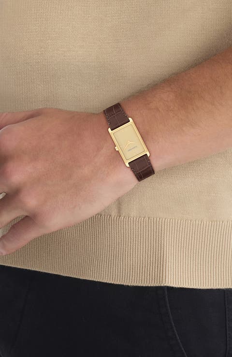 Dapper Rectangular Leather Strap Watch, 24mm