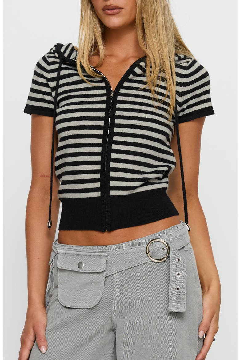 Kahlee Stripe Short Sleeve Zip Hoodie, Main, color, GREY / BLACK STRIPE