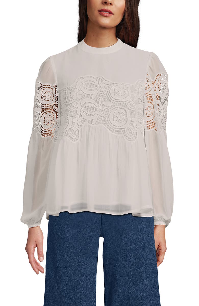Lands' End Chiffon and Lace Blouse, Alternate, color, Ivory