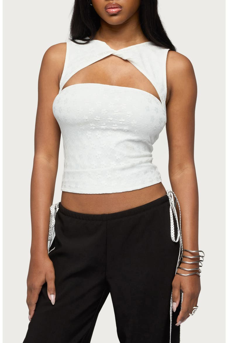 Elisia Twist Neck Cutout Floral Lace Crop Top, Main, color, WHITE