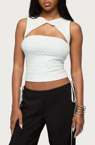 EDIKTED Elisia Twist Neck Cutout Floral Lace Crop Top