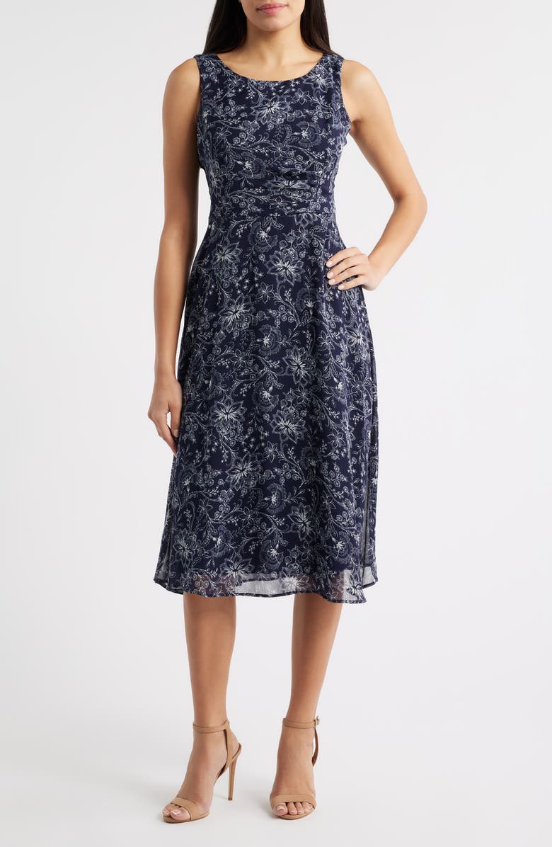 Connected Apparel Pleat Waist Yoryu Sleeveless Midi Dress, Main, color, Navy