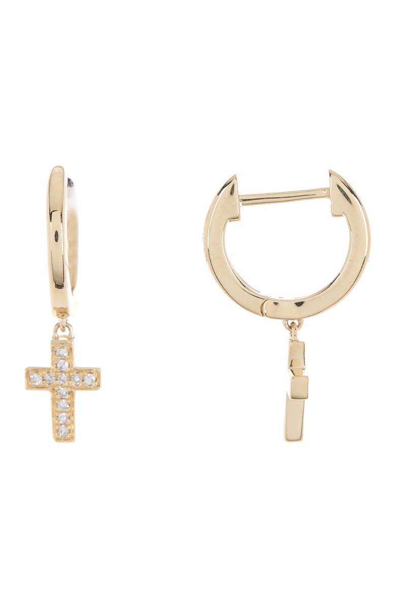 RON HAMI 14K Yellow Gold Diamond Cross 19.05mm x 5.08mm Hoop Earrings - 0.085 ctw, Main, color, 