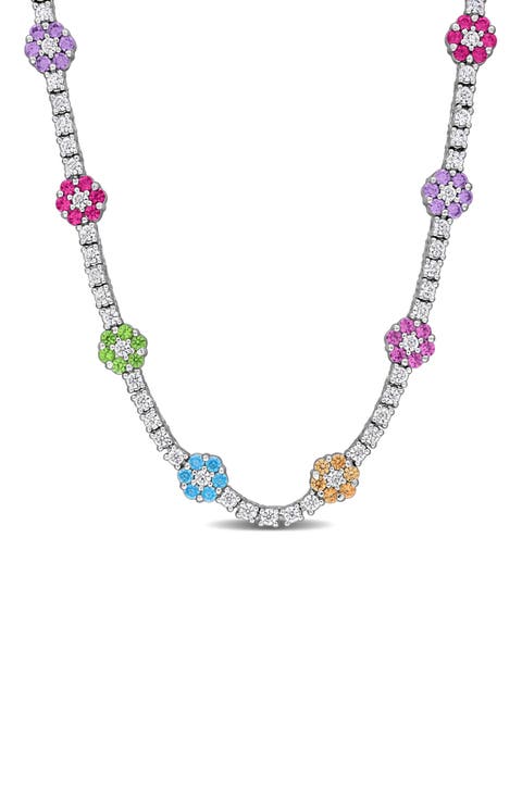 Multicolor Cubic Zirconia Flower Tennis Necklace