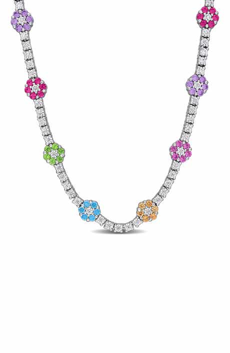Multicolor Cubic Zirconia Flower Tennis Necklace