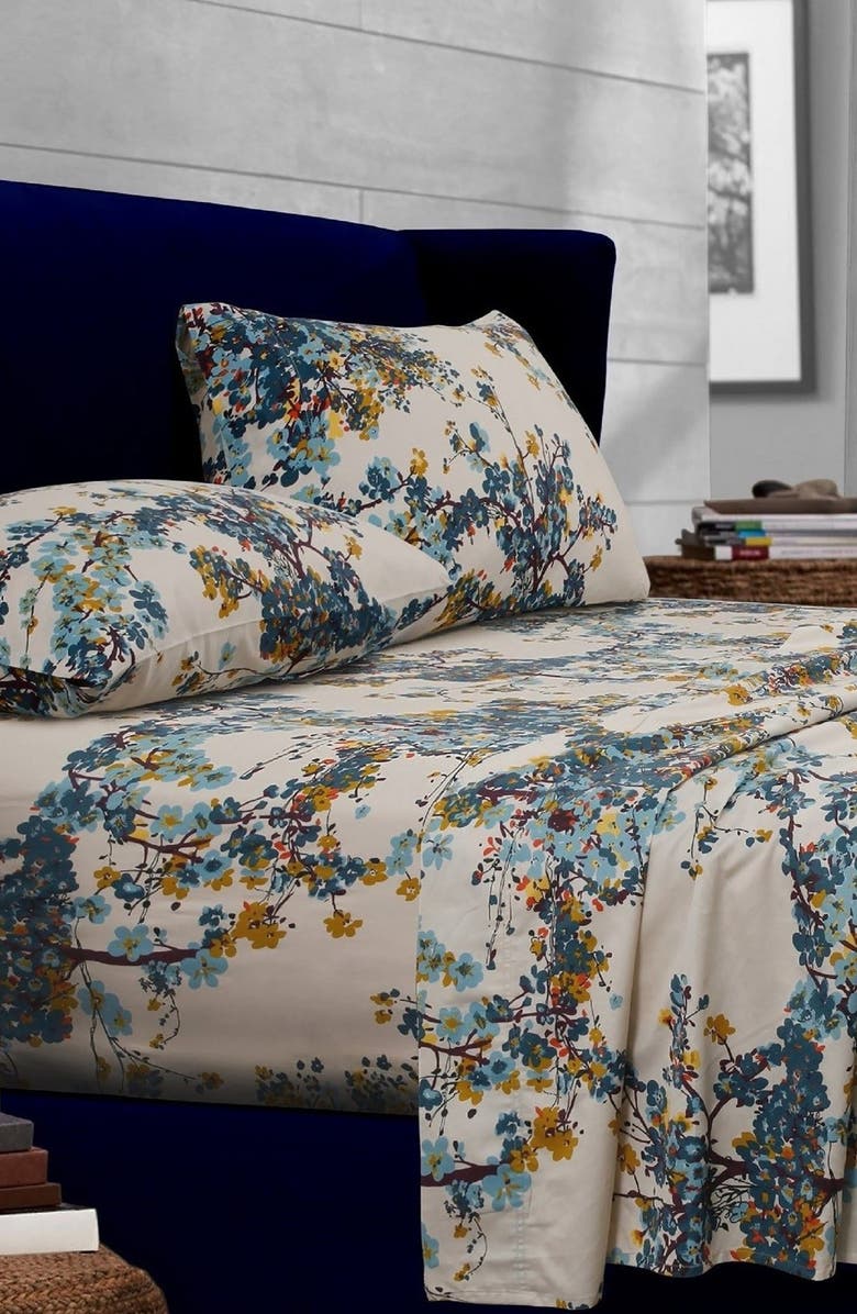 AZORES HOME Casablanca 300 Thread Count Cotton Sateen Sheet Set, Alternate, color, Multi Blue