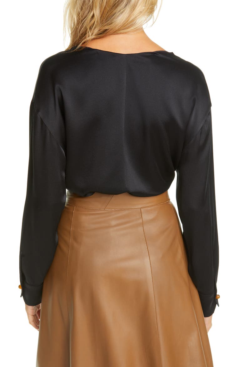 V-Neck Ball Button Silk Blouse, Alternate, color, BLACK