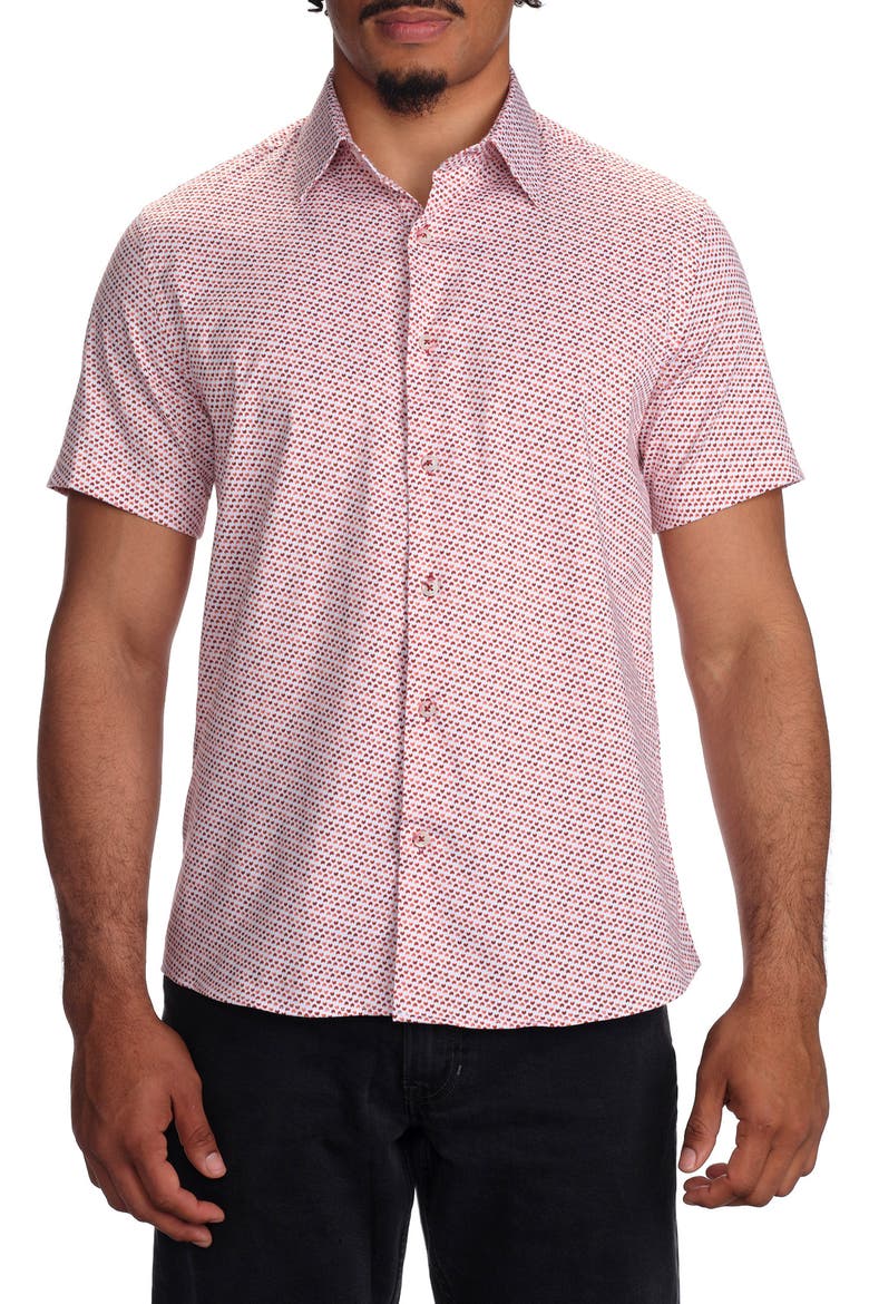Micro Print Short Sleeve Stretch Cotton Button-Up Shirt, Main, color, RED
