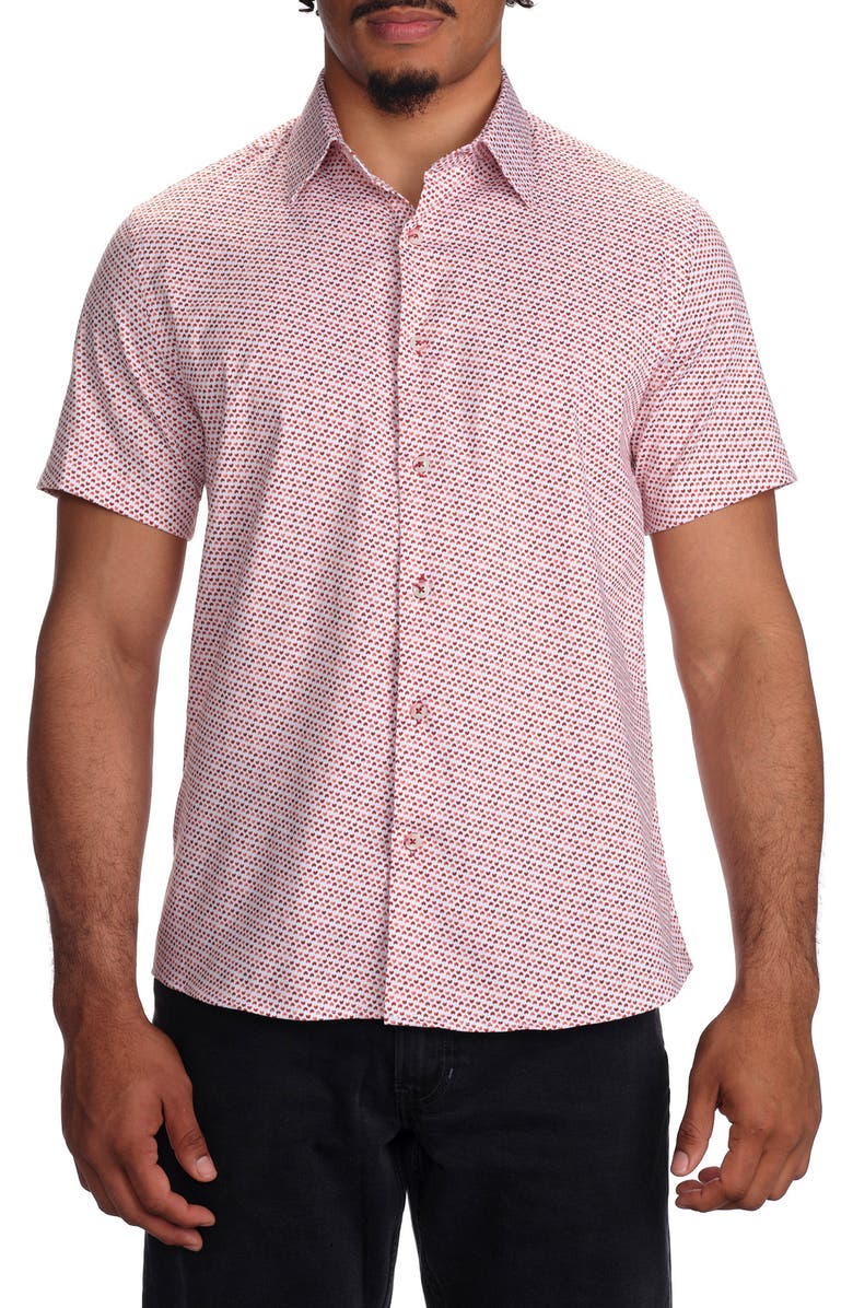 STUDIO GARNET LOS ANGELES Micro Print Short Sleeve Stretch Cotton Button-Up Shirt, Main, color, Red