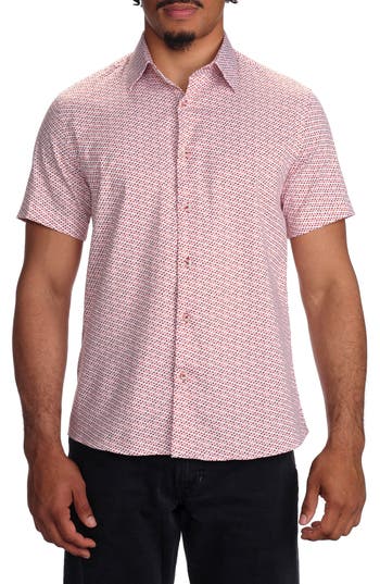 Studio Garnet Los Angeles Micro Print Short Sleeve Stretch Cotton Button-up Shirt In Red