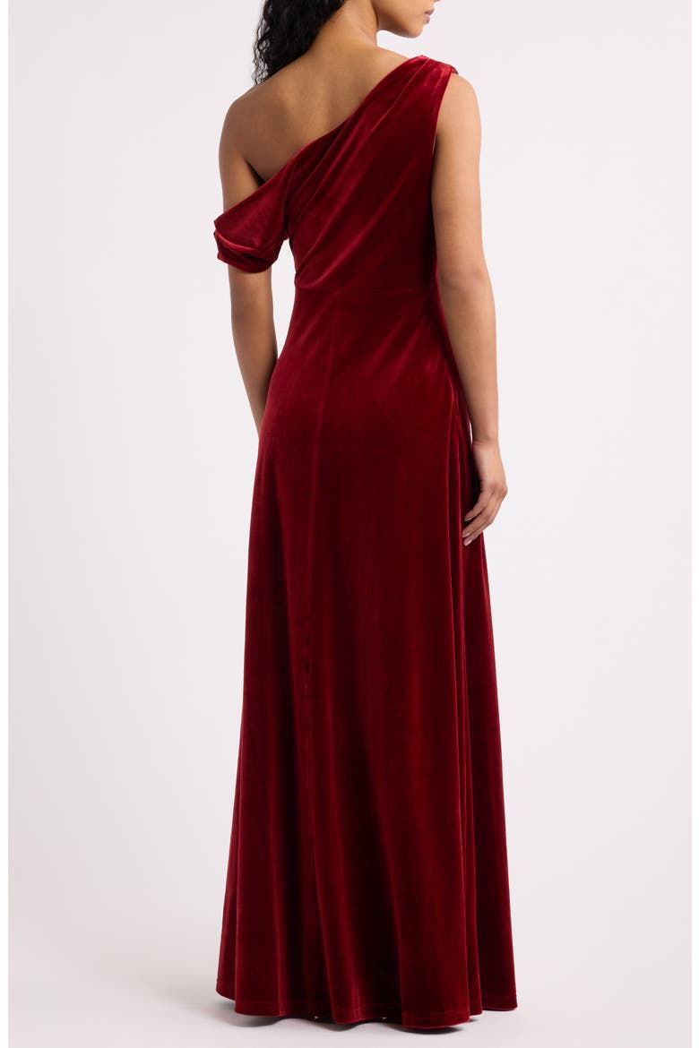 Anya Draped One-Shoulder Velvet Gown, Alternate, color, BRICK RED