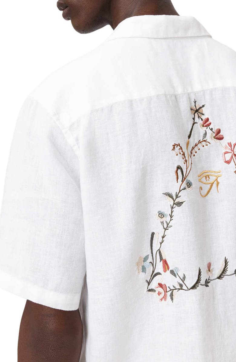 AllSaints Tri Embroidered Linen Camp Shirt, Alternate, color, Ecru