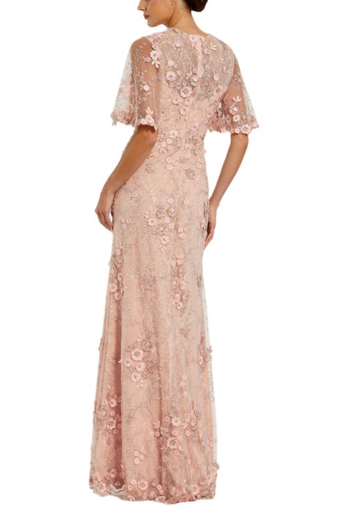 Mac Duggal Flutter Sleeve Floral Emboridered Net Gown In Rose