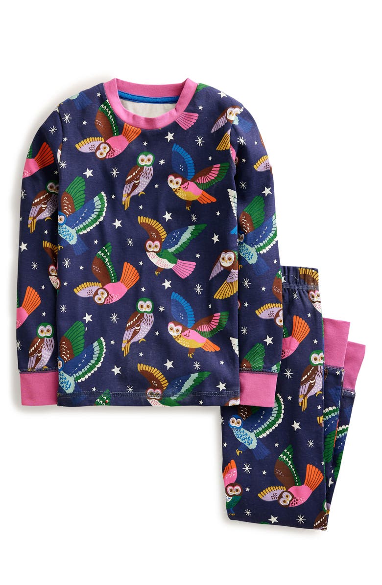 Mini Boden Kids' Owl Print Glow in the Dark Fitted Two-Piece Cotton Pajamas, Main, color, 
