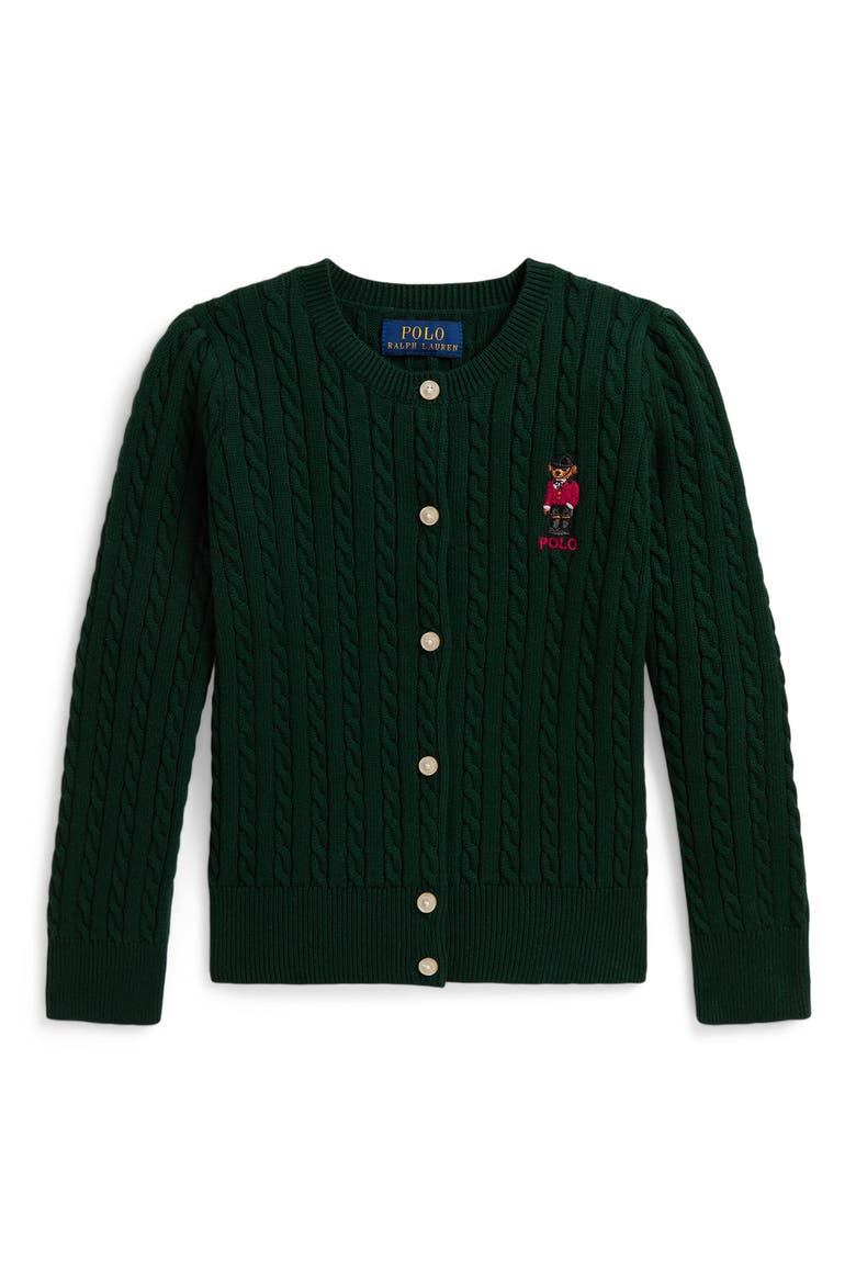 Kids' Polo Bear Mini Cable Knit Cotton Cardigan, Main, color, GREEN