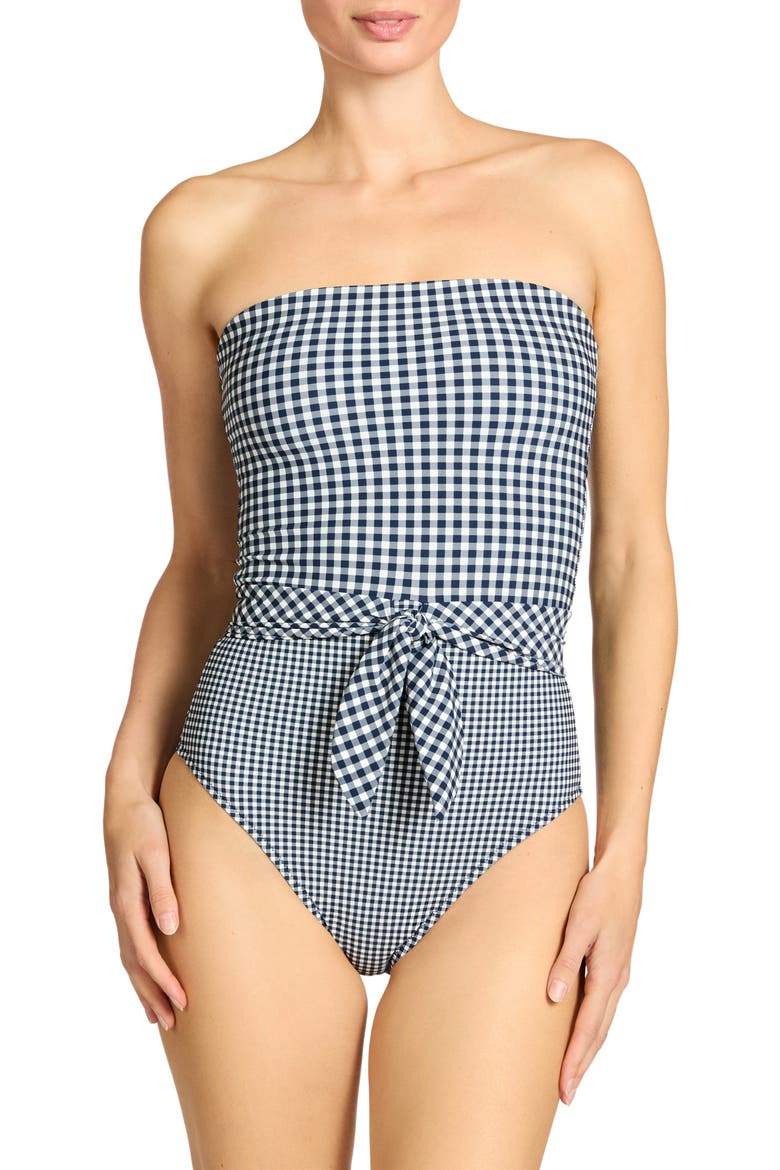 Brigitte Strapless Tie Waist One-Piece Swimsuit, Main, color, NAVY/ CREAM